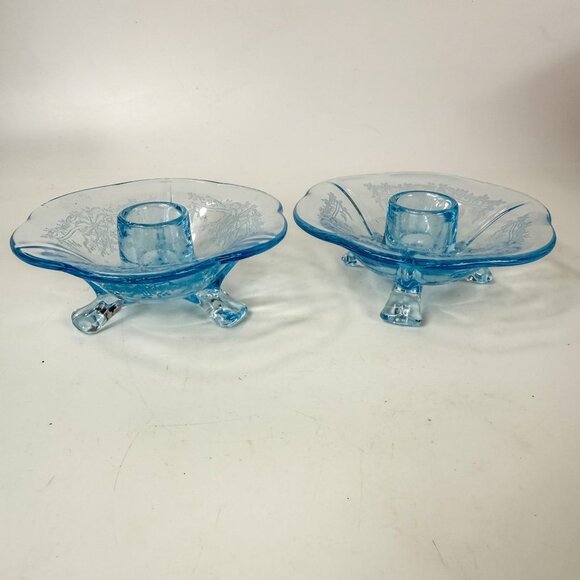 Fostoria Glass Versailles Azure Blue 3-Toed Candle Holders Set Of 2 - Picture 2 of 6